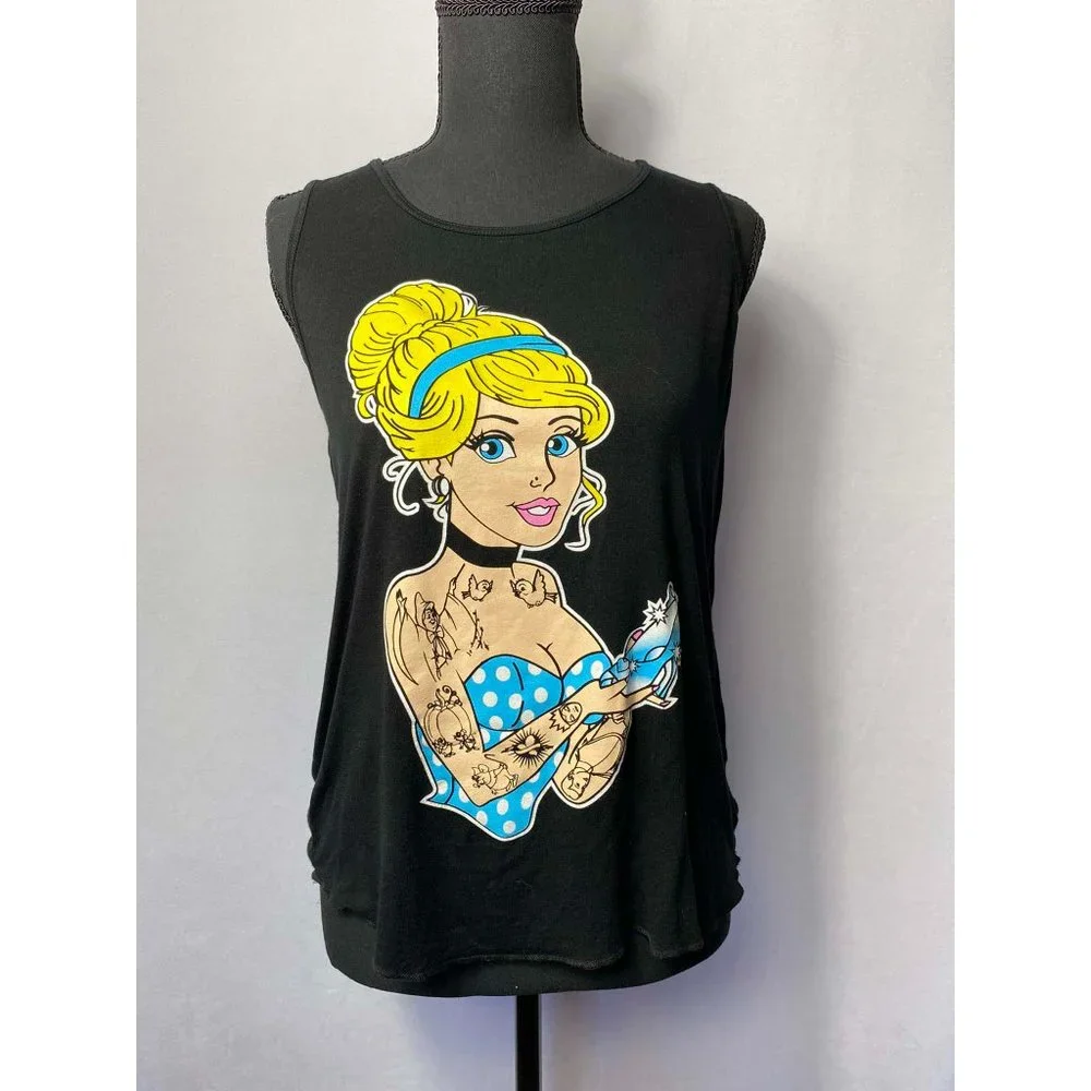 Cinderella Tattooed Black Tank Top Knotted Racerback Style Size Small - Picture 1 of 4
